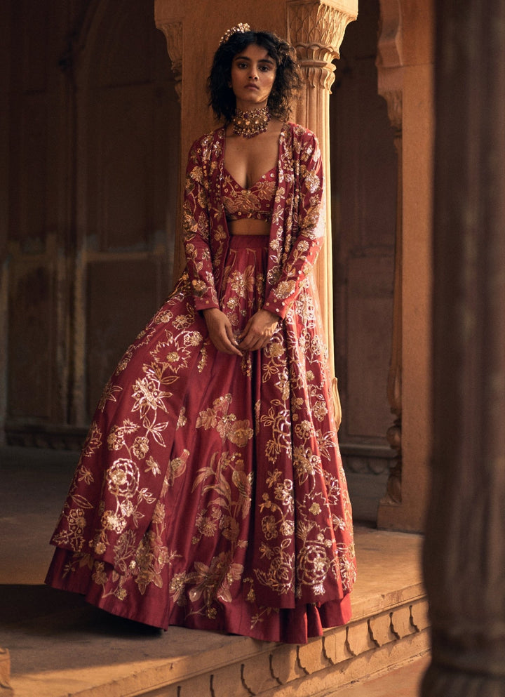 Red Embroidered Silk Lehenga Set With Jacket Paulmi and Harsh - Fabilicious Fashion
