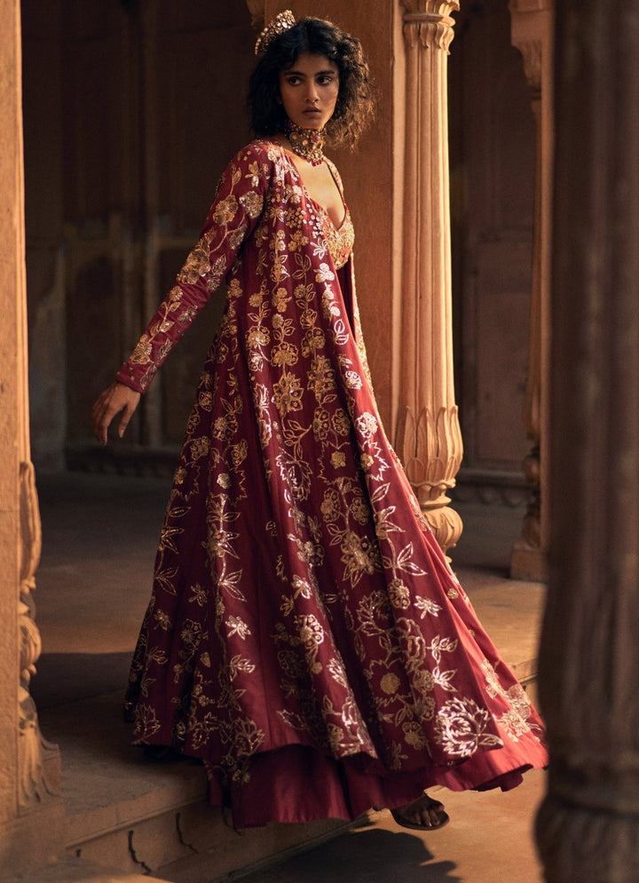 Red Embroidered Silk Lehenga Set With Jacket Paulmi and Harsh - Fabilicious Fashion