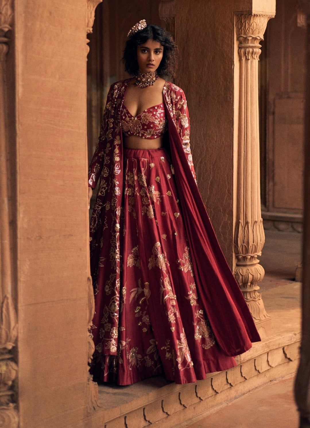 Red Embroidered Silk Lehenga Set With Jacket Paulmi and Harsh - Fabilicious Fashion