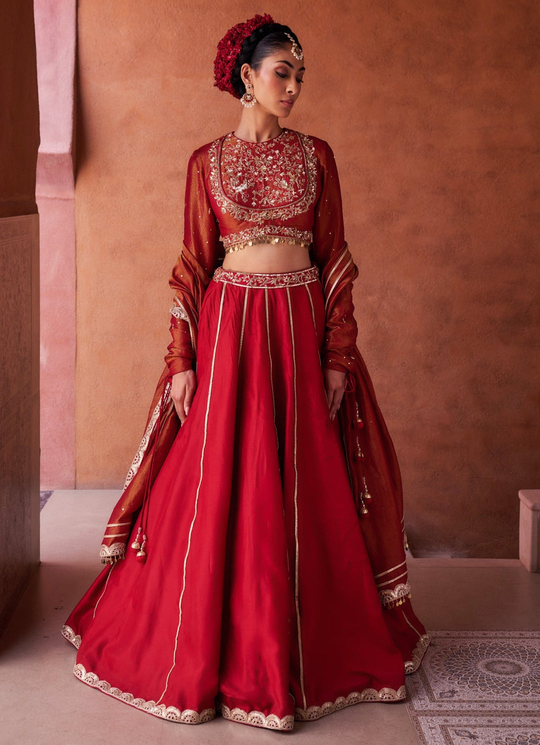 Red Embroidered Silk Lehenga Set KAPDA DORI - Fabilicious Fashion