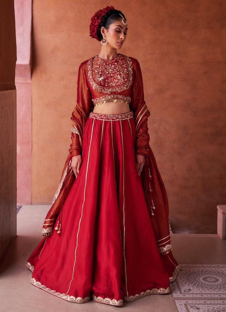 Red Embroidered Silk Lehenga Set KAPDA DORI - Fabilicious Fashion