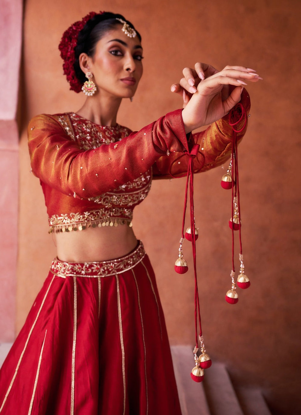 Red Embroidered Silk Lehenga Set KAPDA DORI - Fabilicious Fashion