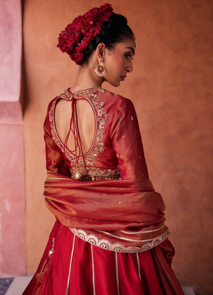 Red Embroidered Silk Lehenga Set KAPDA DORI - Fabilicious Fashion