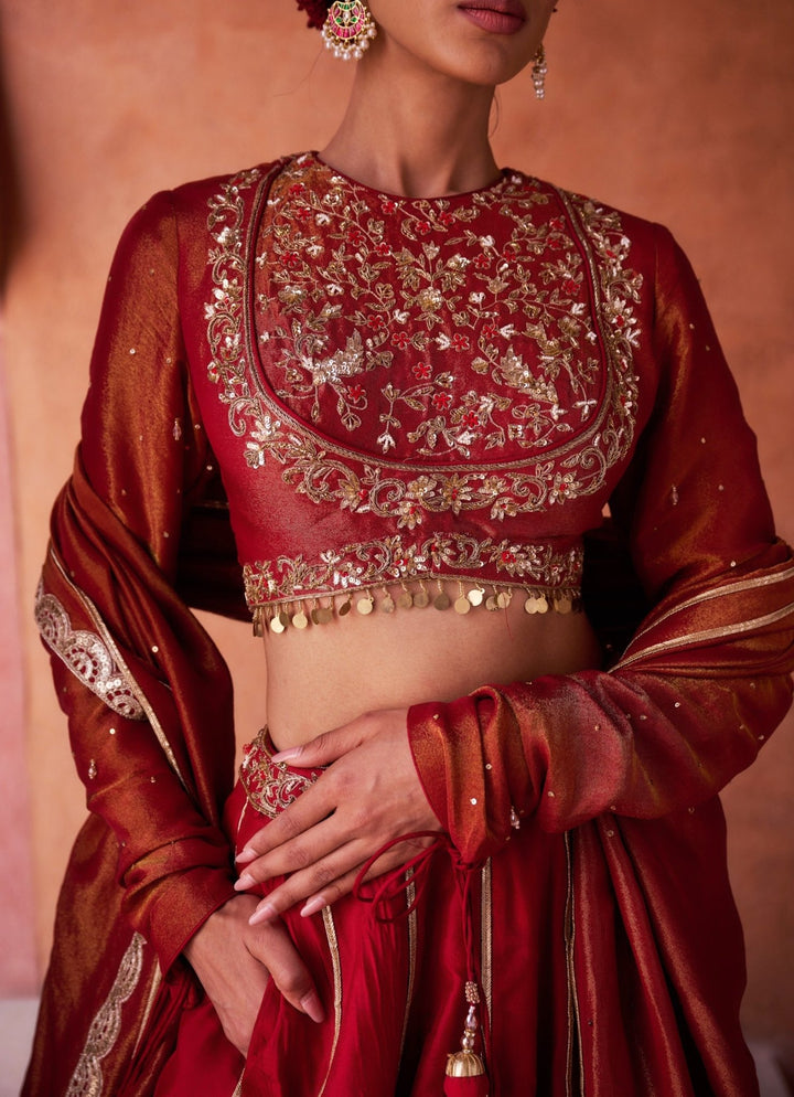 Red Embroidered Silk Lehenga Set KAPDA DORI - Fabilicious Fashion