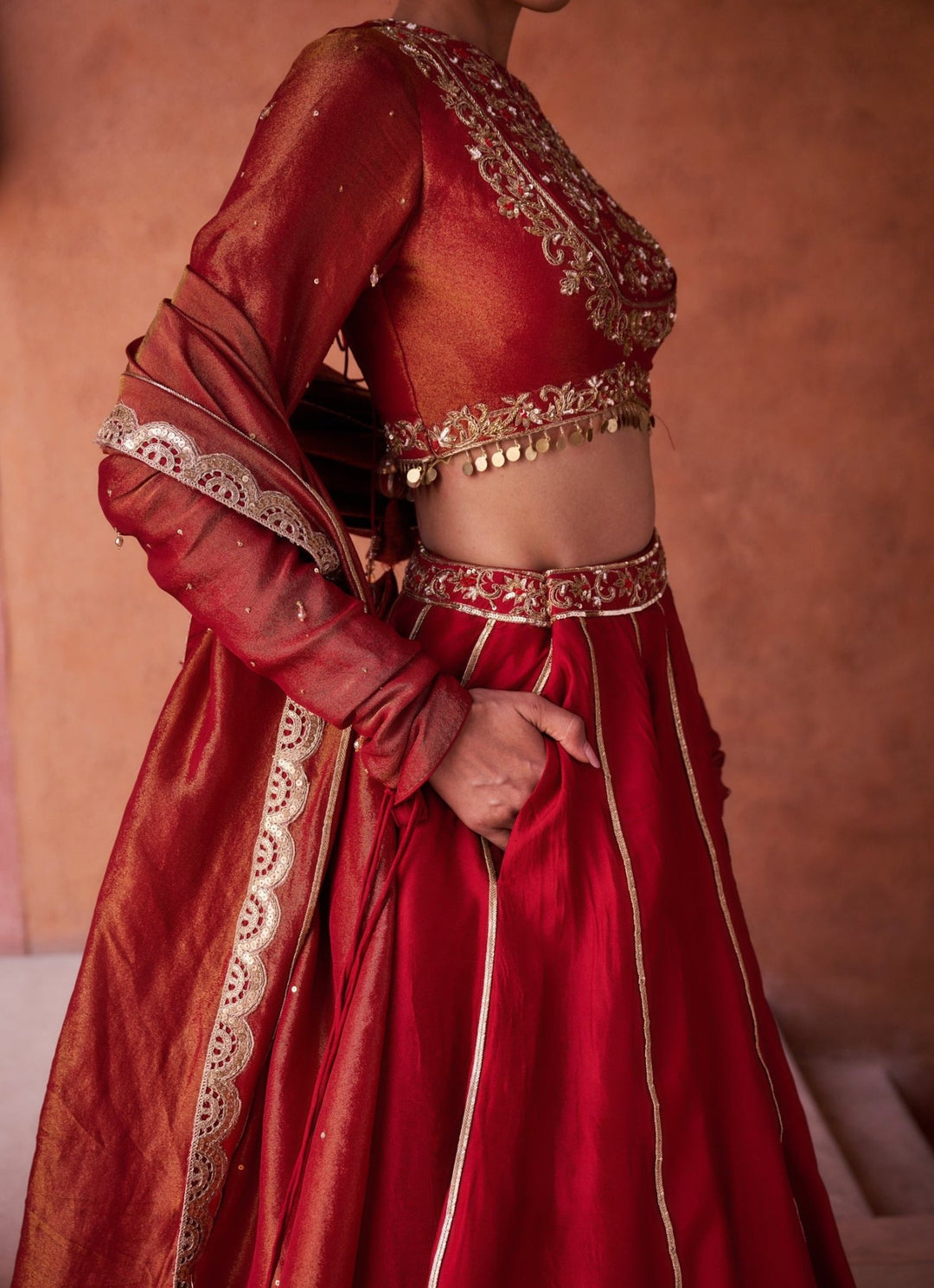 Red Embroidered Silk Lehenga Set KAPDA DORI - Fabilicious Fashion