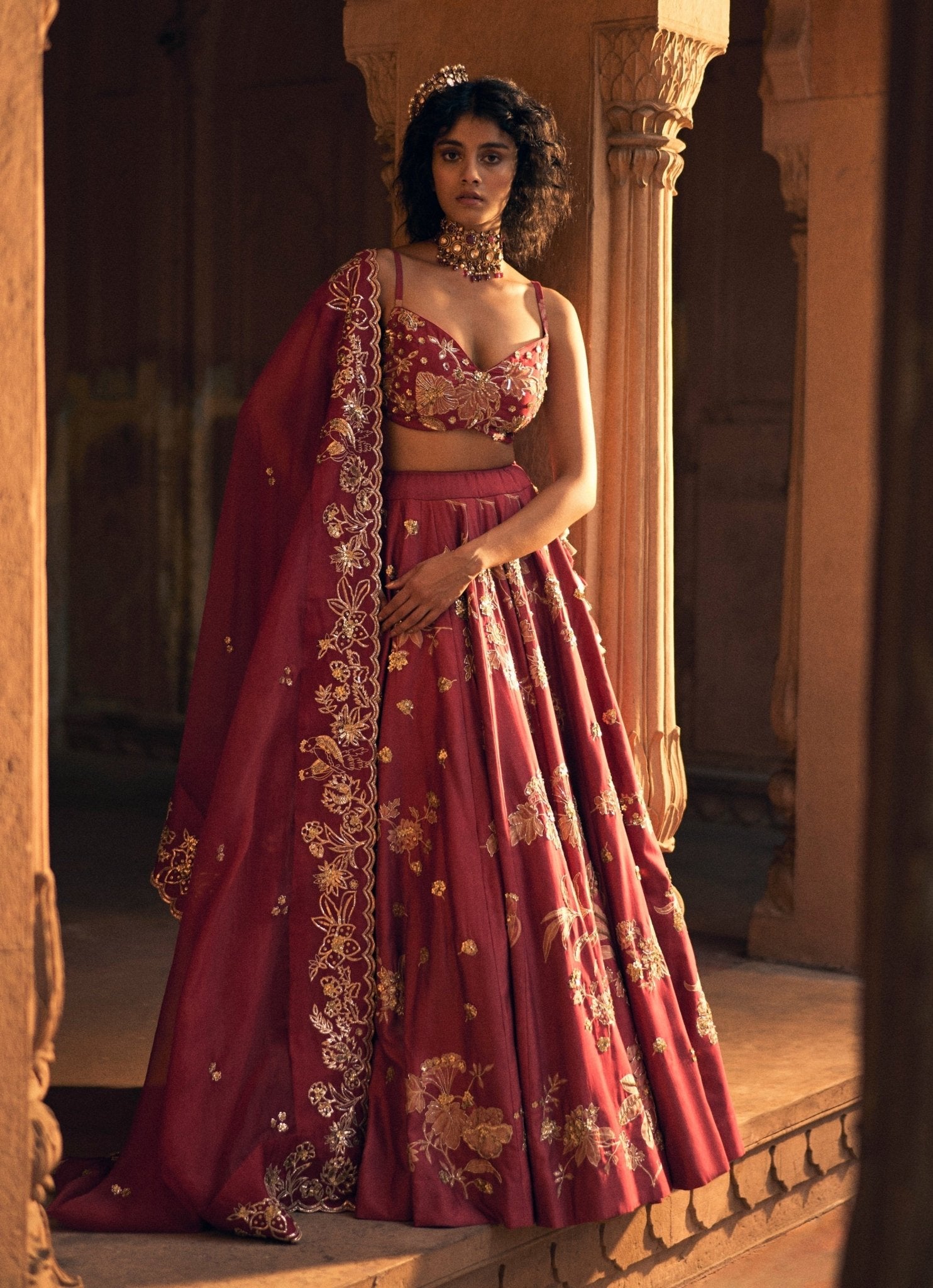 Red embroidered silk lehenga set by Paulmi and Harsh