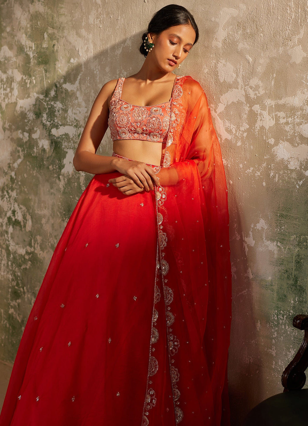 Red Embroidered Silk Organza Lehenga Set Zoon Tribe - Fabilicious Fashion