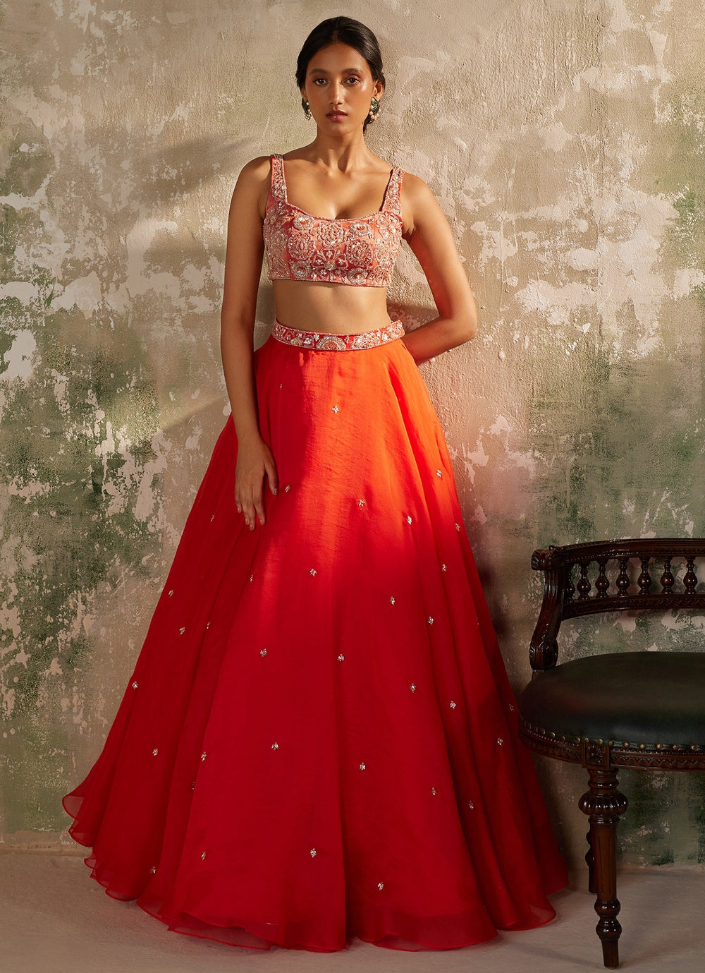 Red Embroidered Silk Organza Lehenga Set Zoon Tribe - Fabilicious Fashion