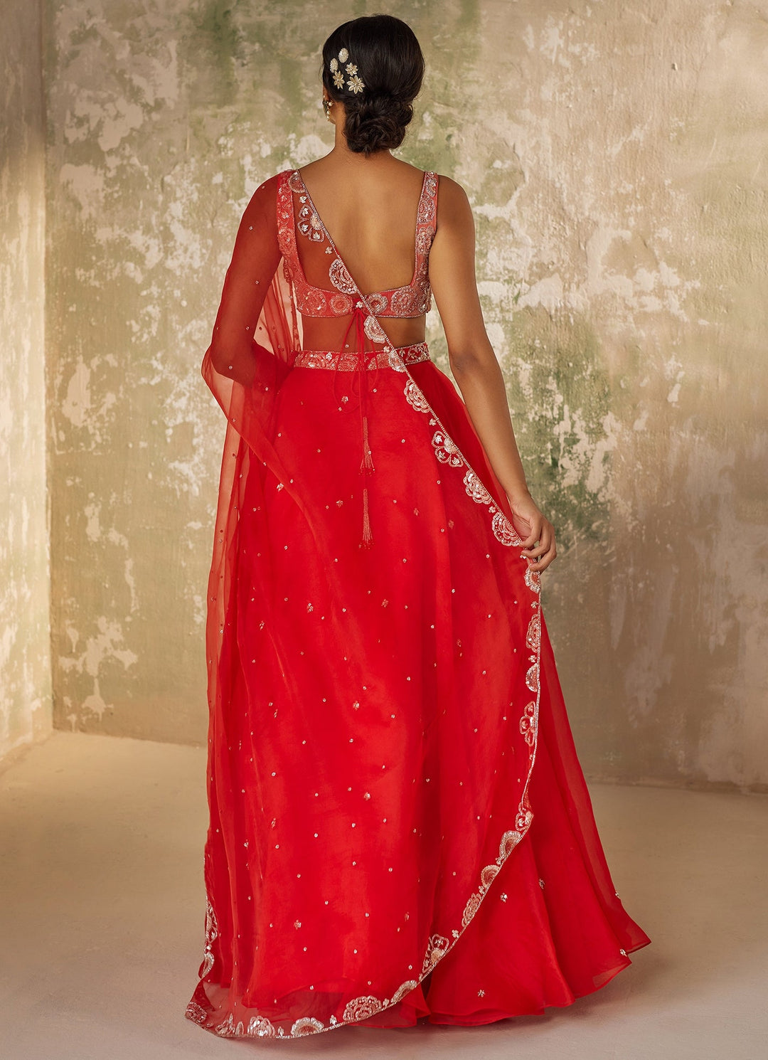 Red Embroidered Silk Organza Lehenga Set Zoon Tribe - Fabilicious Fashion