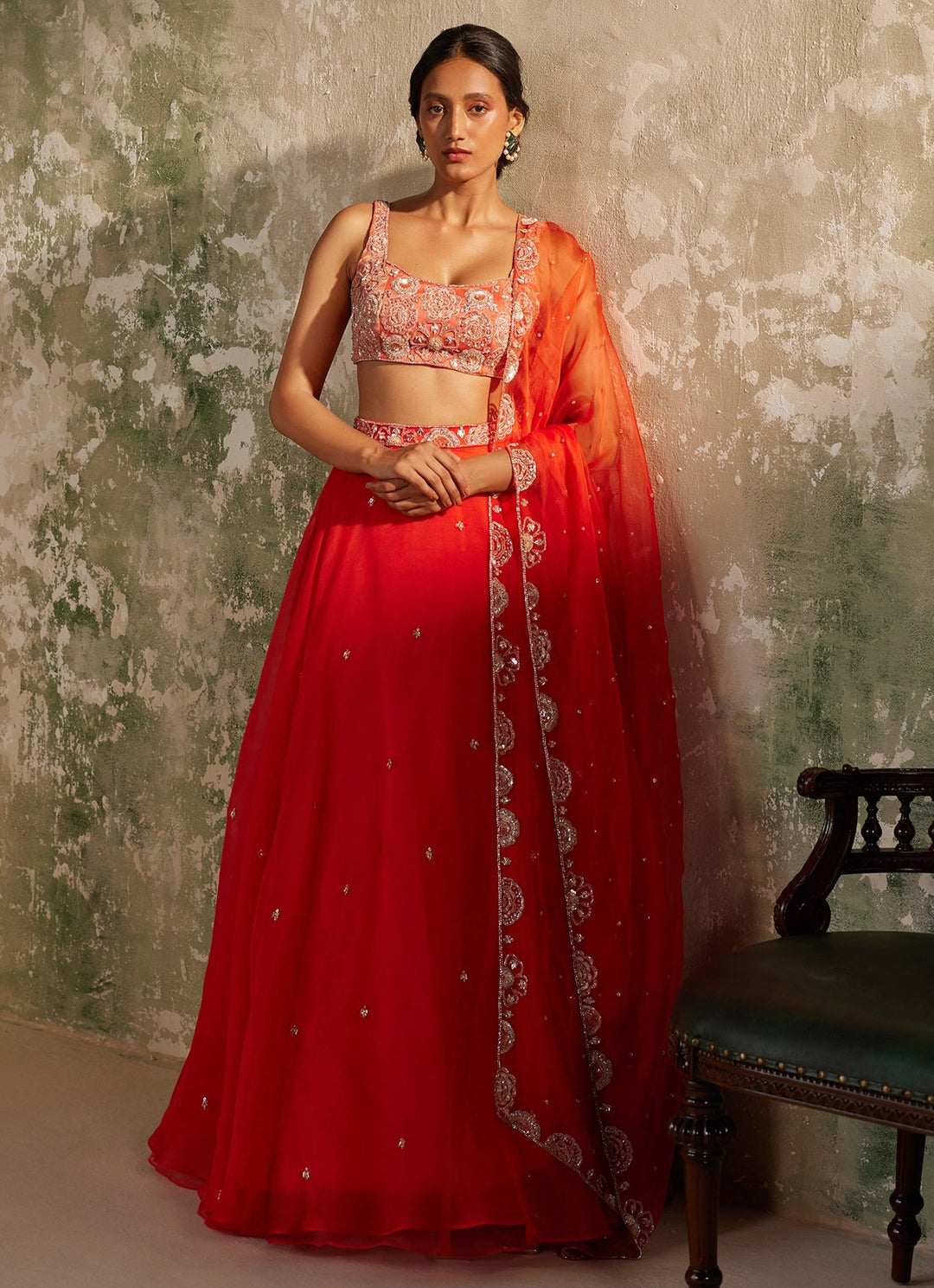 Red Embroidered Silk Organza Lehenga Set Zoon Tribe - Fabilicious Fashion