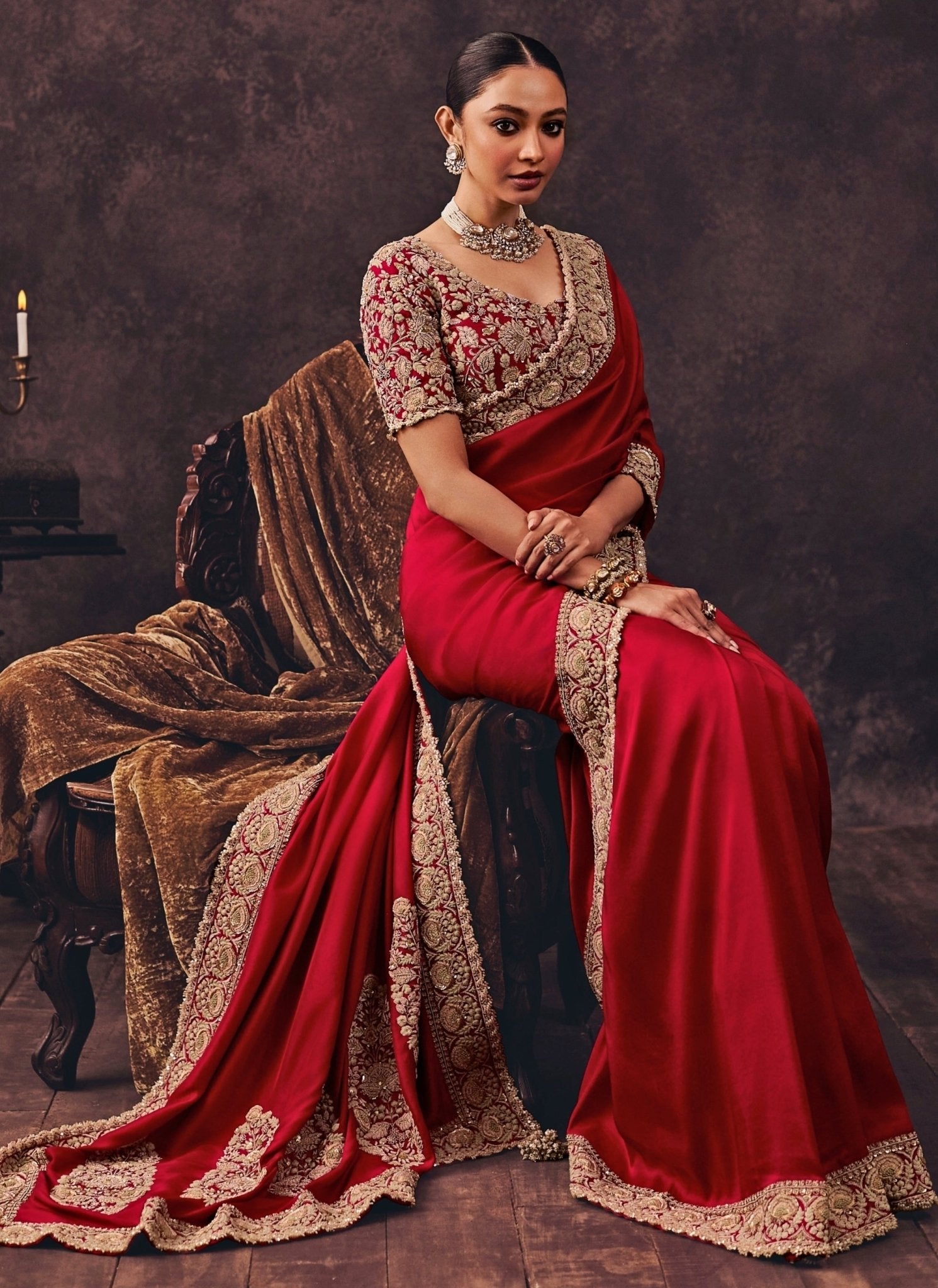 Red embroidered silk saree by Prisho