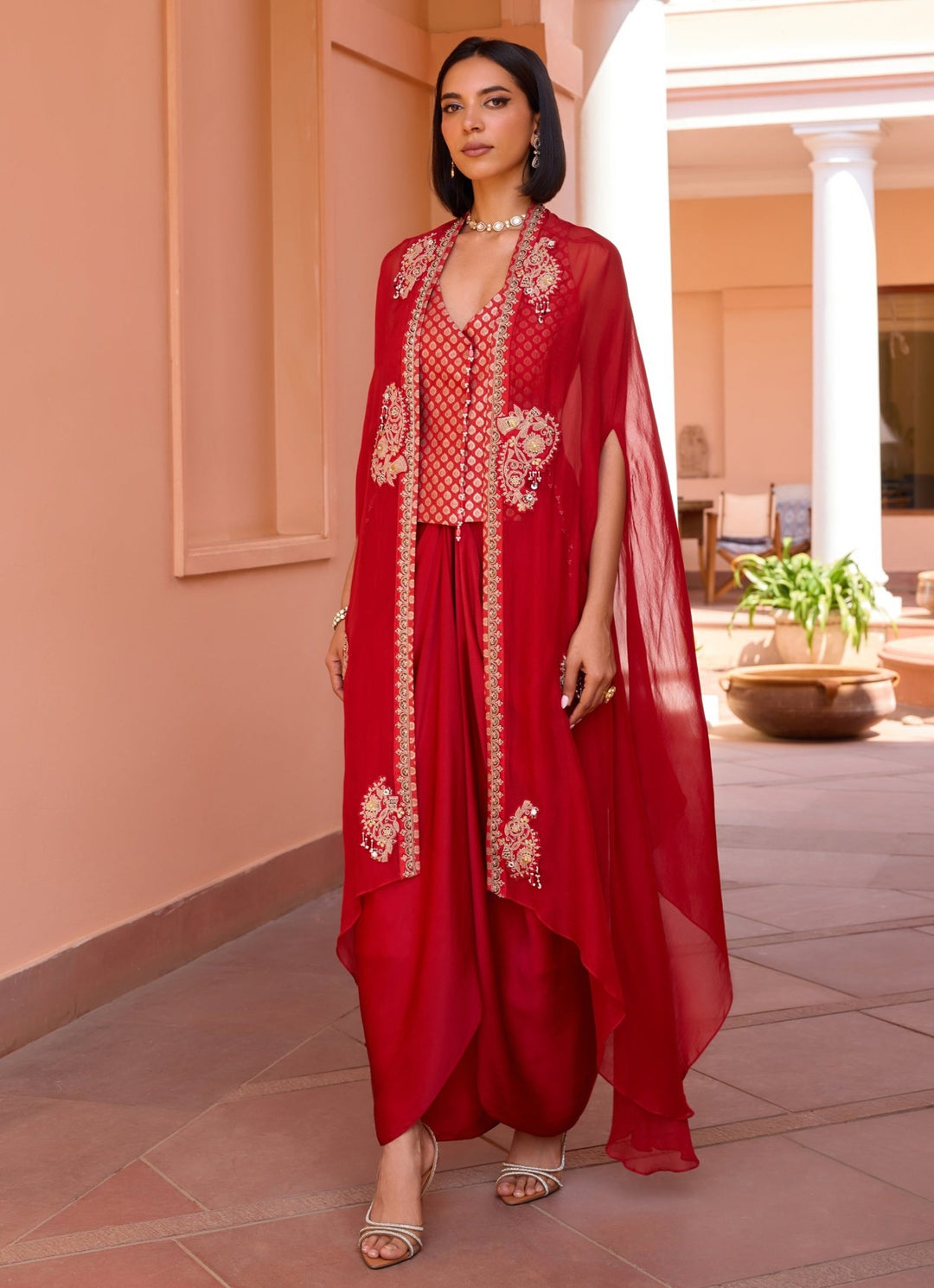 Red Embroidered Skirt Set With Cape Isha Gupta Tayal - Fabilicious Fashion