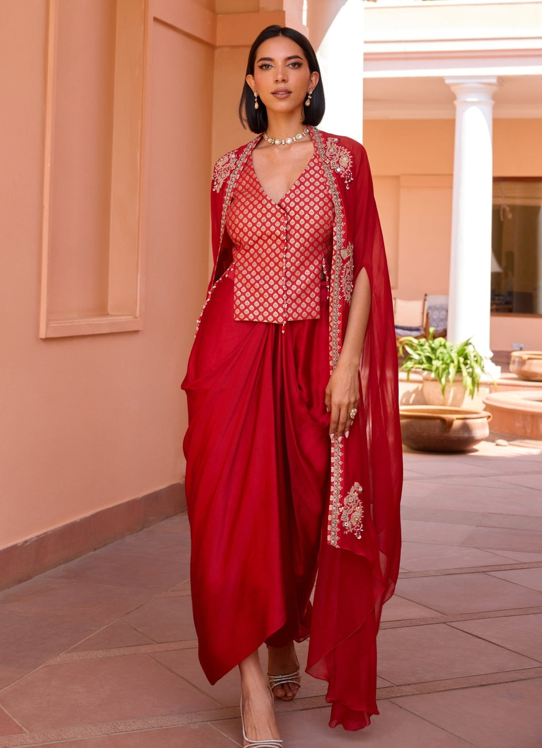 Red Embroidered Skirt Set With Cape Isha Gupta Tayal - Fabilicious Fashion