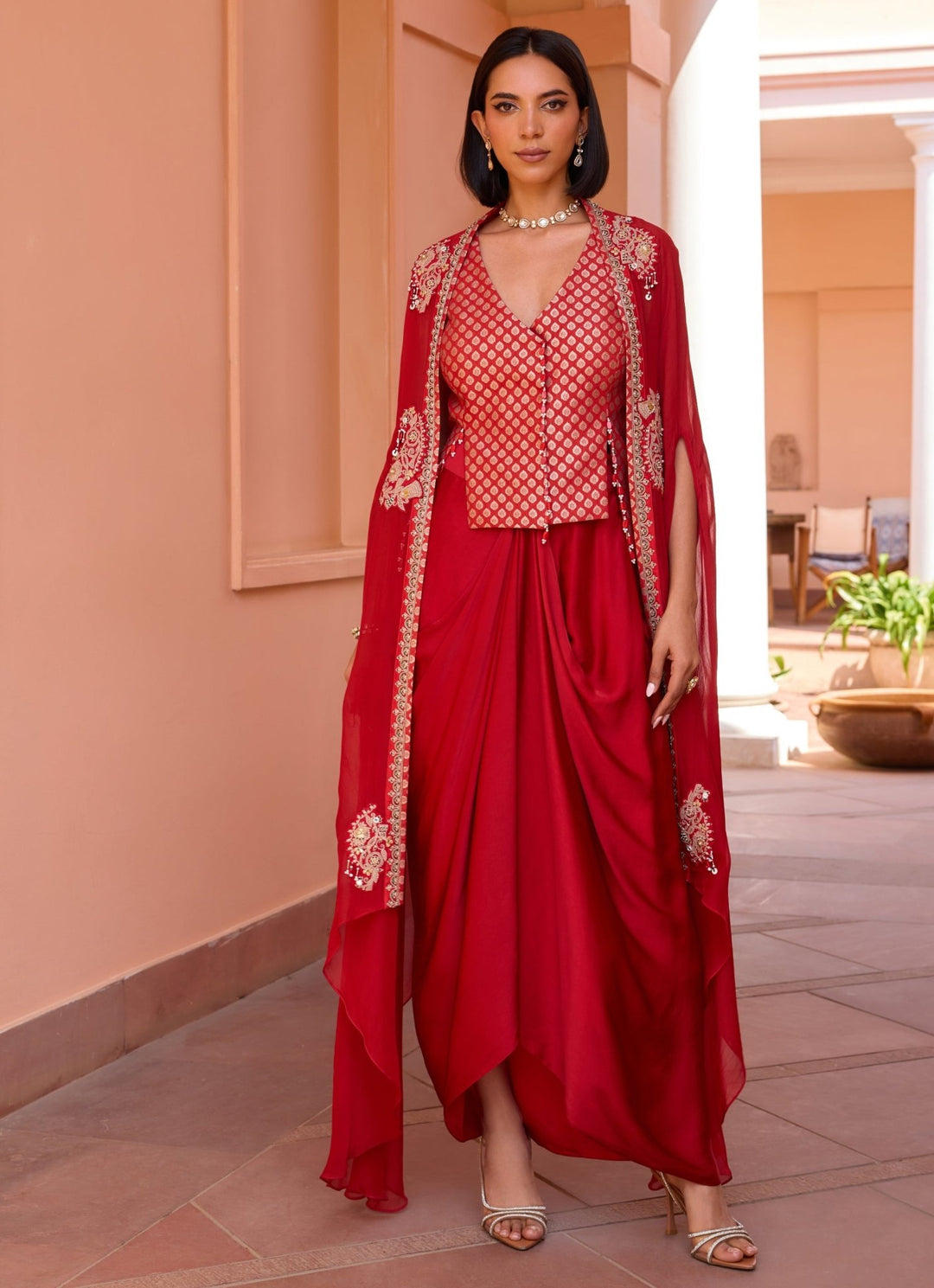 Red Embroidered Skirt Set With Cape Isha Gupta Tayal - Fabilicious Fashion