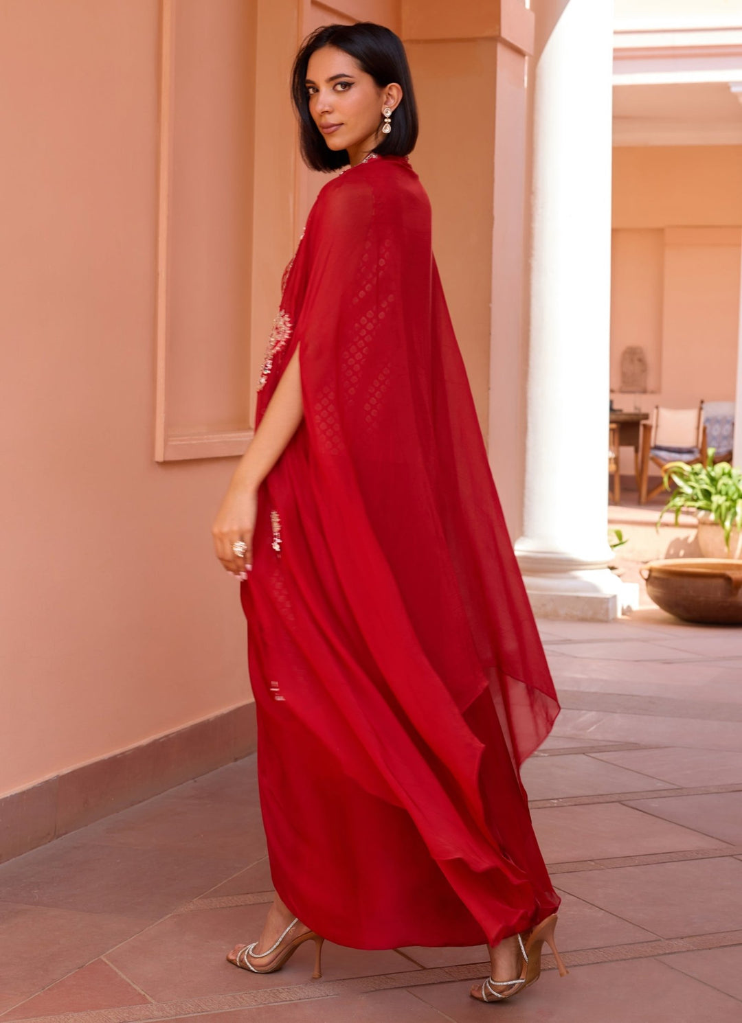 Red Embroidered Skirt Set With Cape Isha Gupta Tayal - Fabilicious Fashion