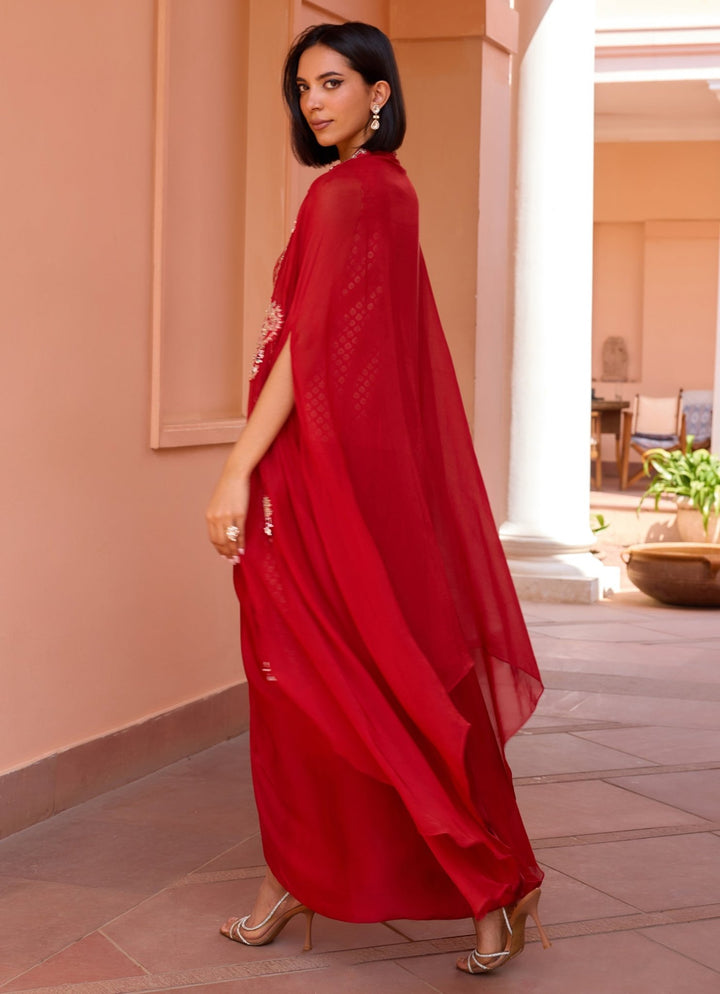 Red Embroidered Skirt Set With Cape Isha Gupta Tayal - Fabilicious Fashion