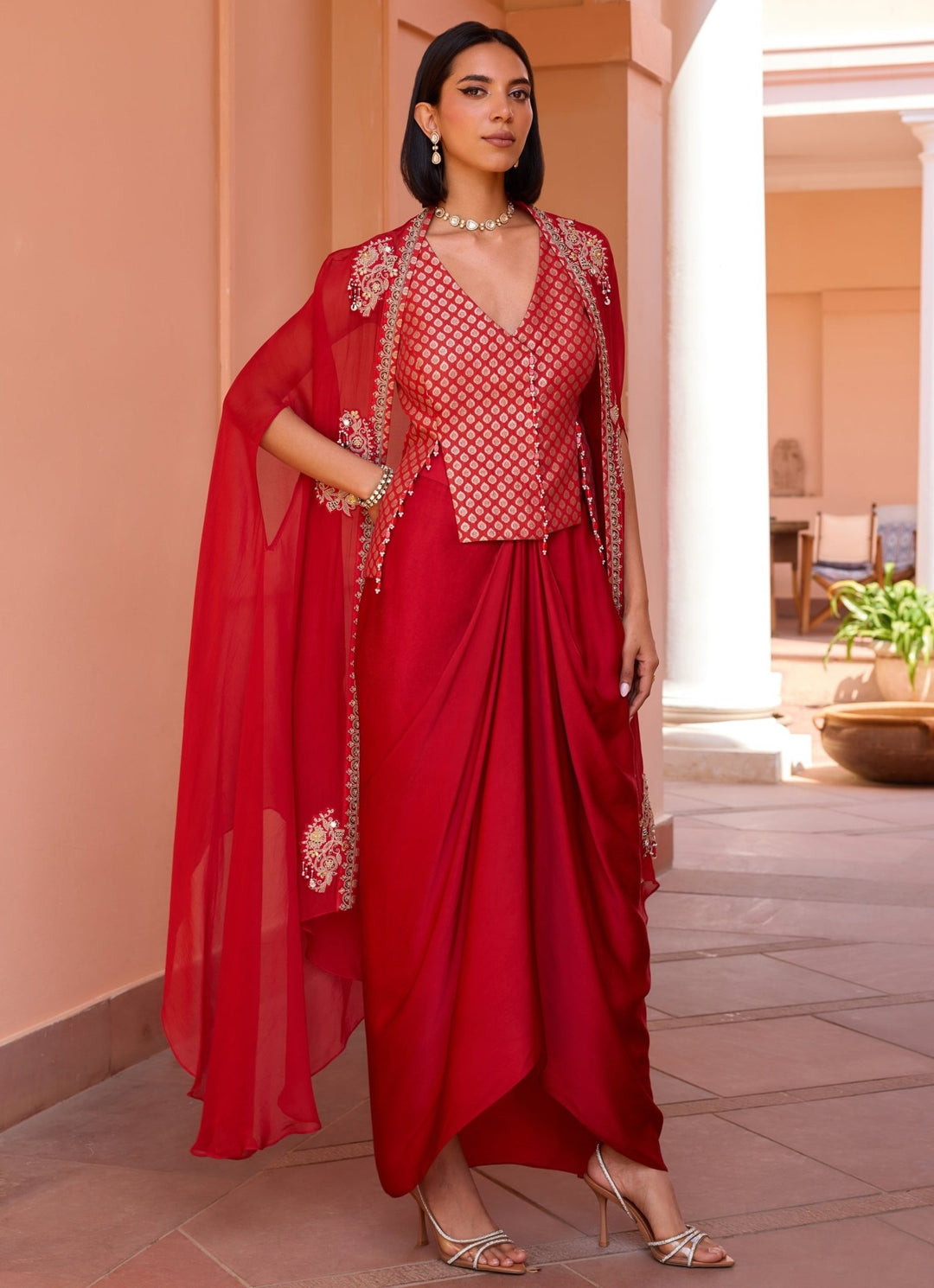 Red Embroidered Skirt Set With Cape Isha Gupta Tayal - Fabilicious Fashion