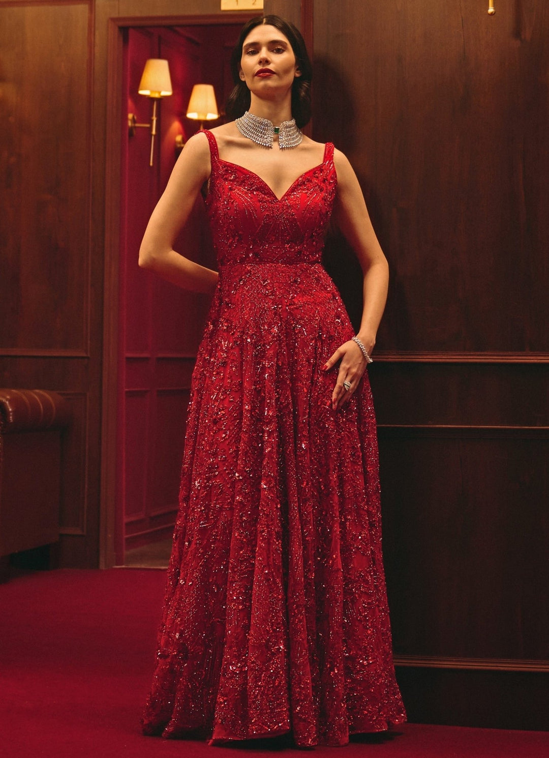 Red Embroidered Soft Net Gown Angad Singh - Fabilicious Fashion