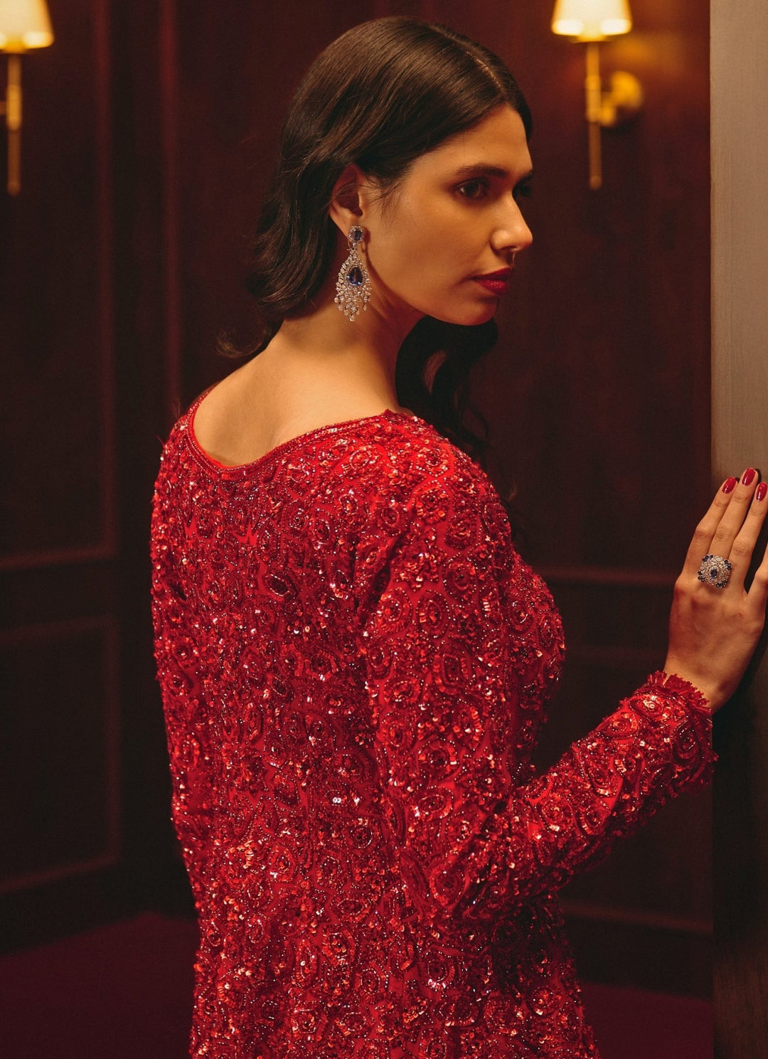 Red Embroidered Soft Net Jacket Pants Set Angad Singh - Fabilicious Fashion
