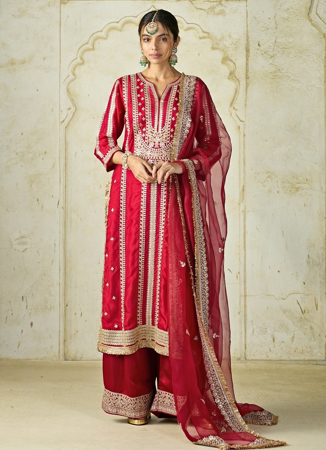 Gopi Vaid Red Embroidered Tussar Kurta Palazzo SetFabilicious Fashion