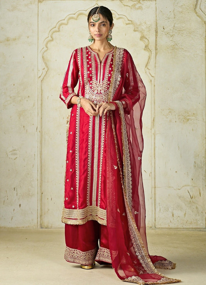 Gopi Vaid Red Embroidered Tussar Kurta Palazzo SetFabilicious Fashion