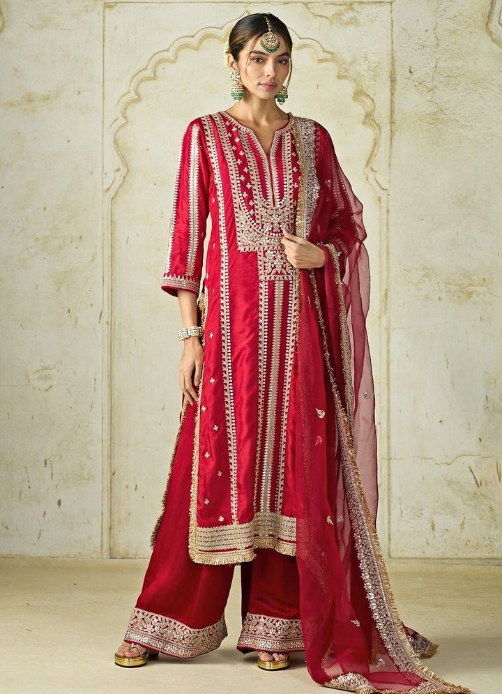 Gopi Vaid Red Embroidered Tussar Kurta Palazzo SetFabilicious Fashion