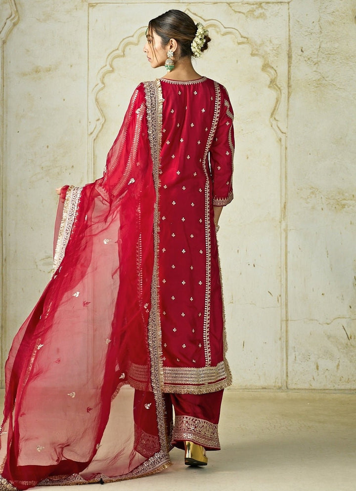 Gopi Vaid Red Embroidered Tussar Kurta Palazzo SetFabilicious Fashion