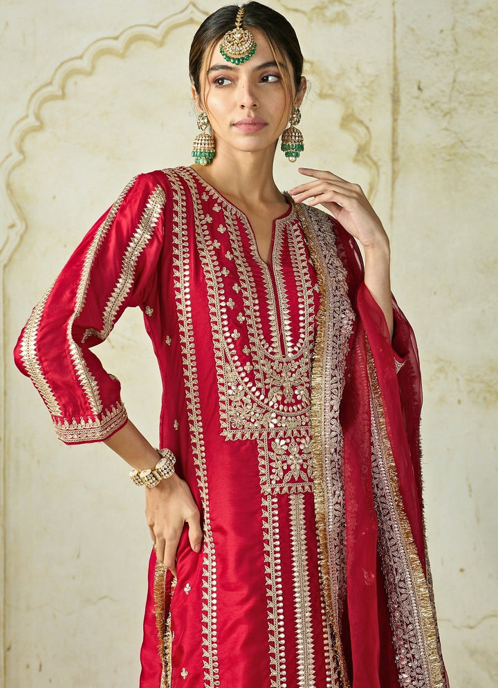 Gopi Vaid Red Embroidered Tussar Kurta Palazzo SetFabilicious Fashion