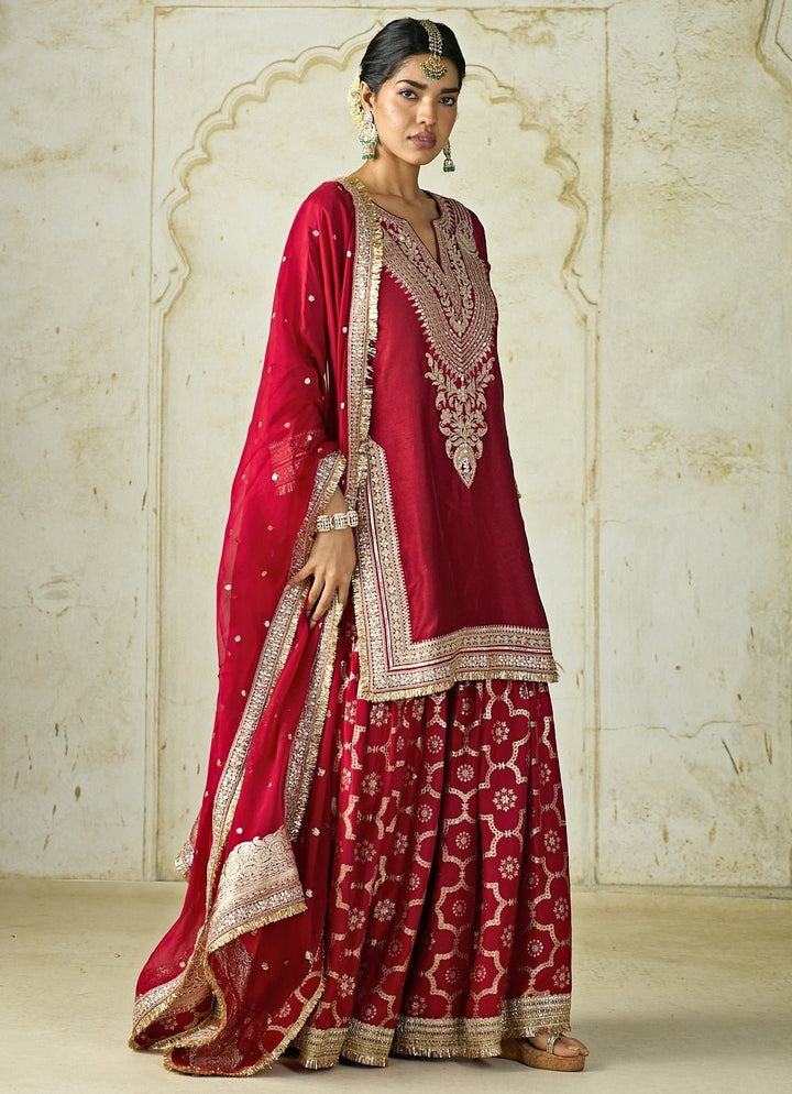 Gopi Vaid Red Embroidered Tussar Kurta Sharara SetFabilicious Fashion
