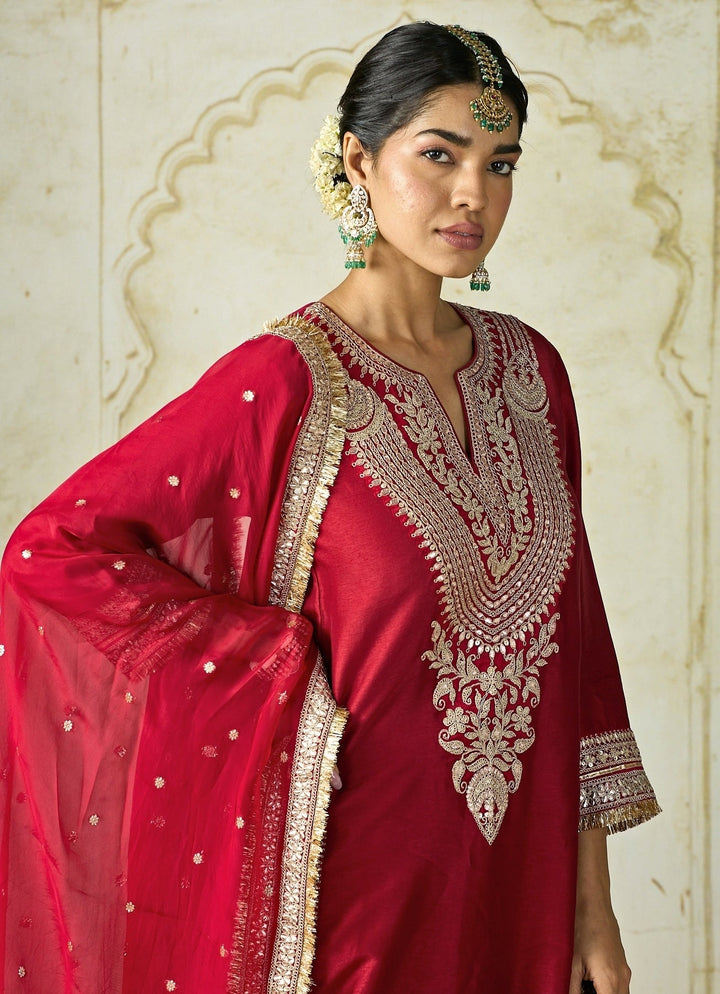 Gopi Vaid Red Embroidered Tussar Kurta Sharara SetFabilicious Fashion