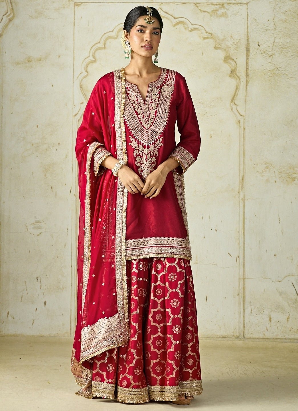 Gopi Vaid Red Embroidered Tussar Kurta Sharara SetFabilicious Fashion