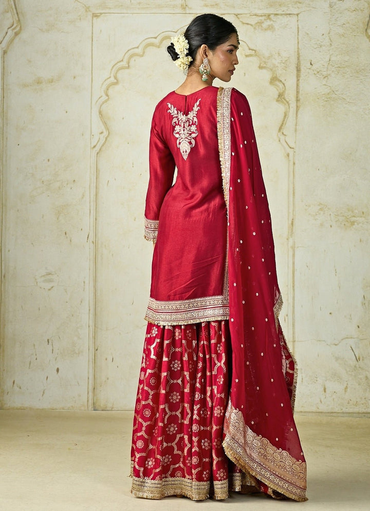 Gopi Vaid Red Embroidered Tussar Kurta Sharara SetFabilicious Fashion