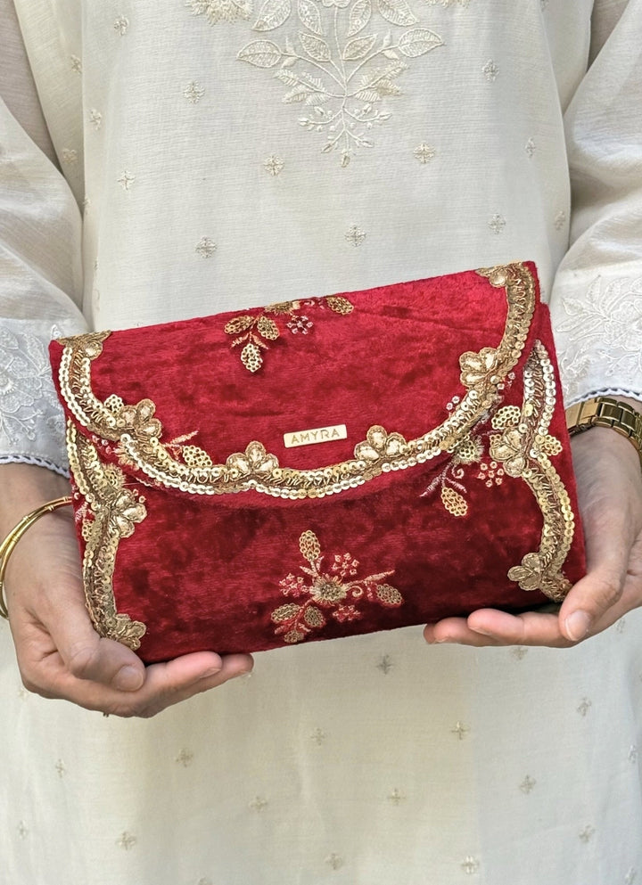 Red Embroidered Velvet Clutch Amyra - Fabilicious Fashion