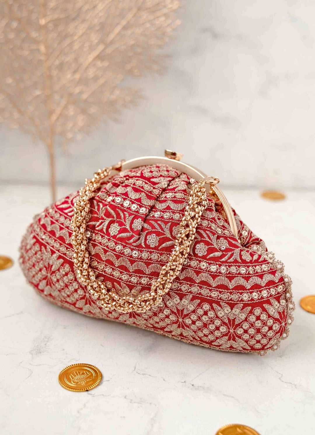 Red Embroidered Vintage Purse AMYRA - Fabilicious Fashion