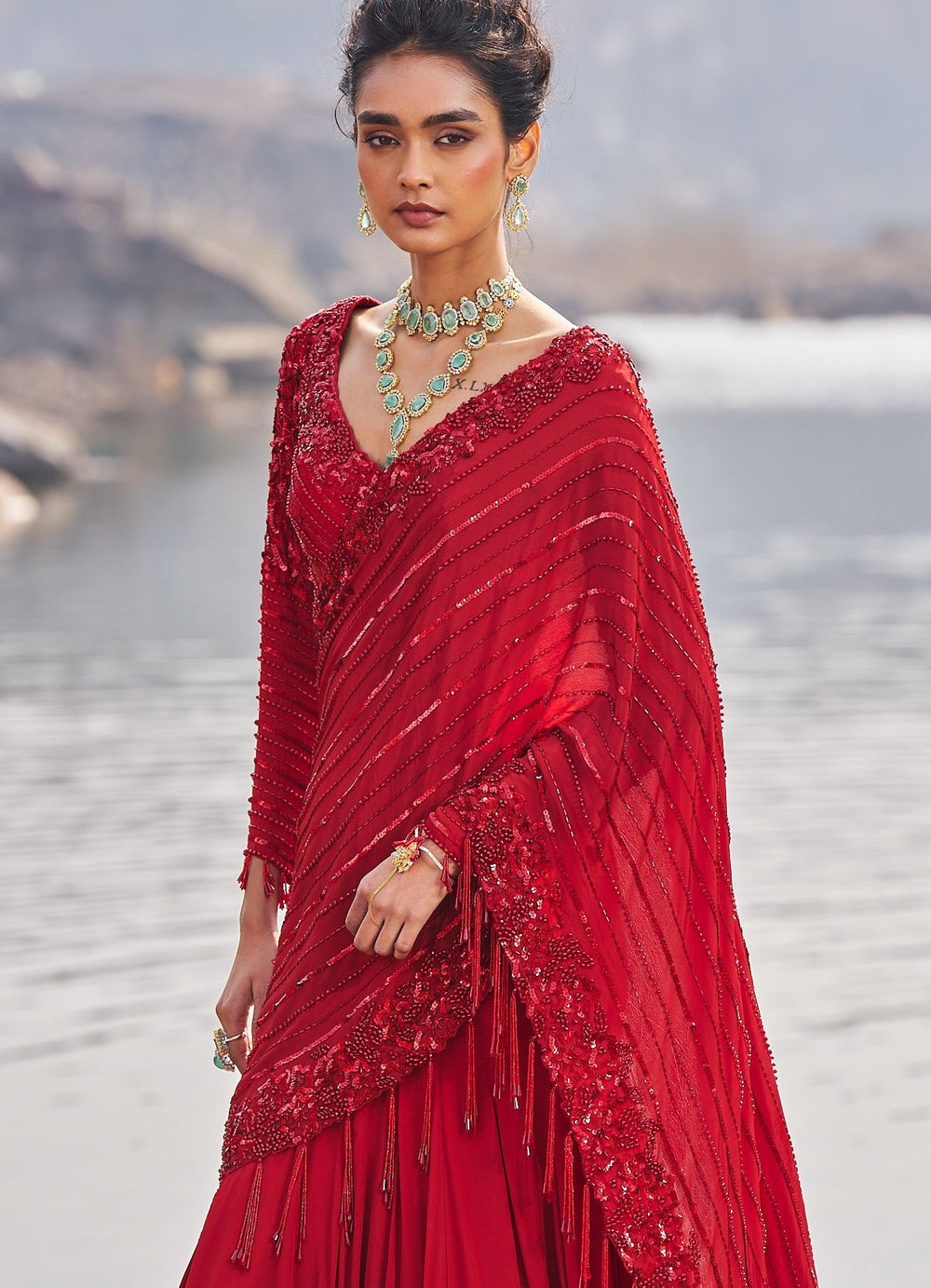 Red Fish Cut Predraped Saree Nidhika Shekhar - Fabilicious Fashion