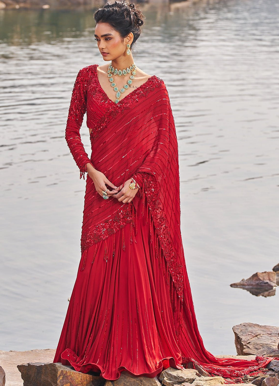 Red Fish Cut Predraped Saree Nidhika Shekhar - Fabilicious Fashion