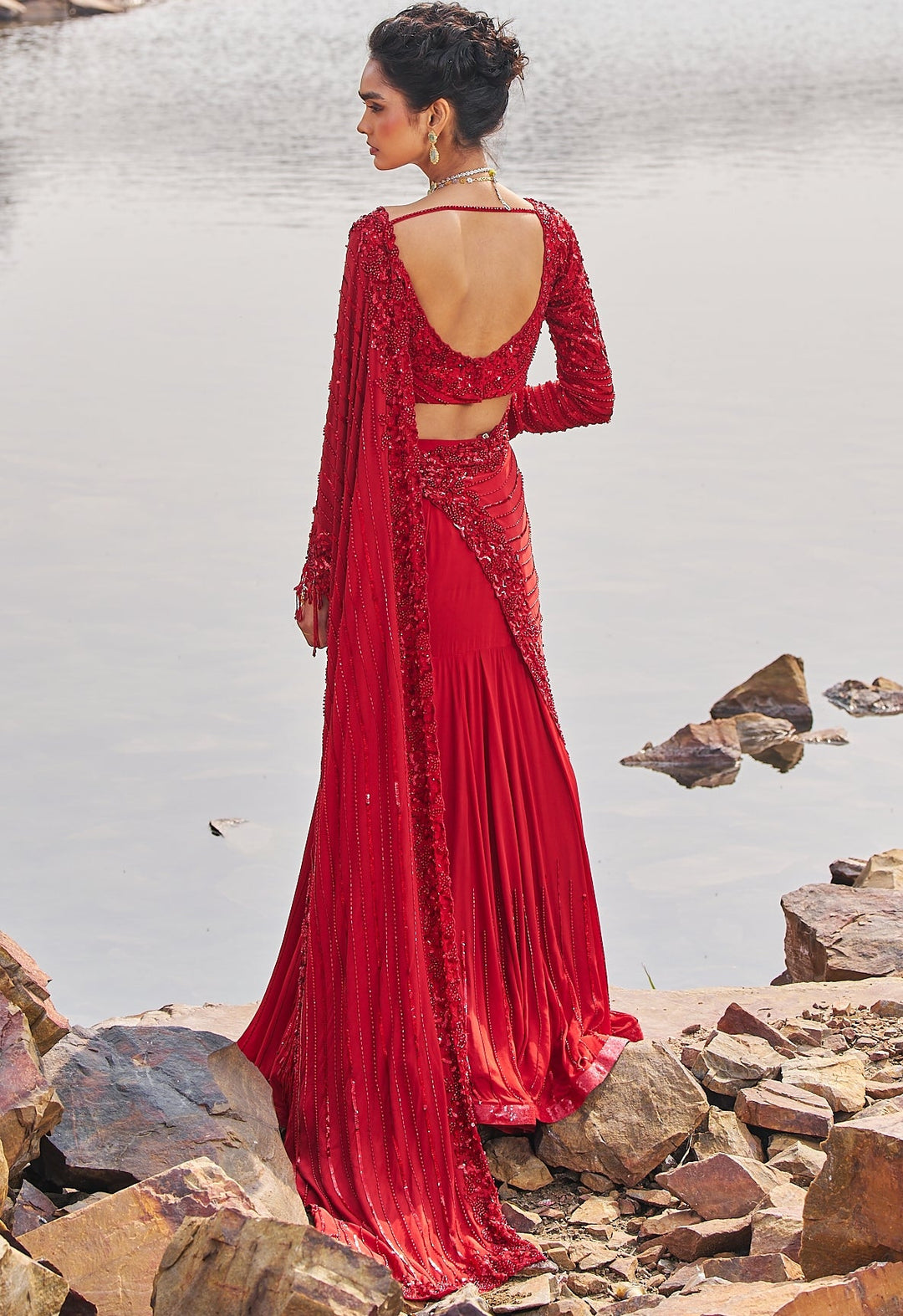 Red Fish Cut Predraped Saree Nidhika Shekhar - Fabilicious Fashion