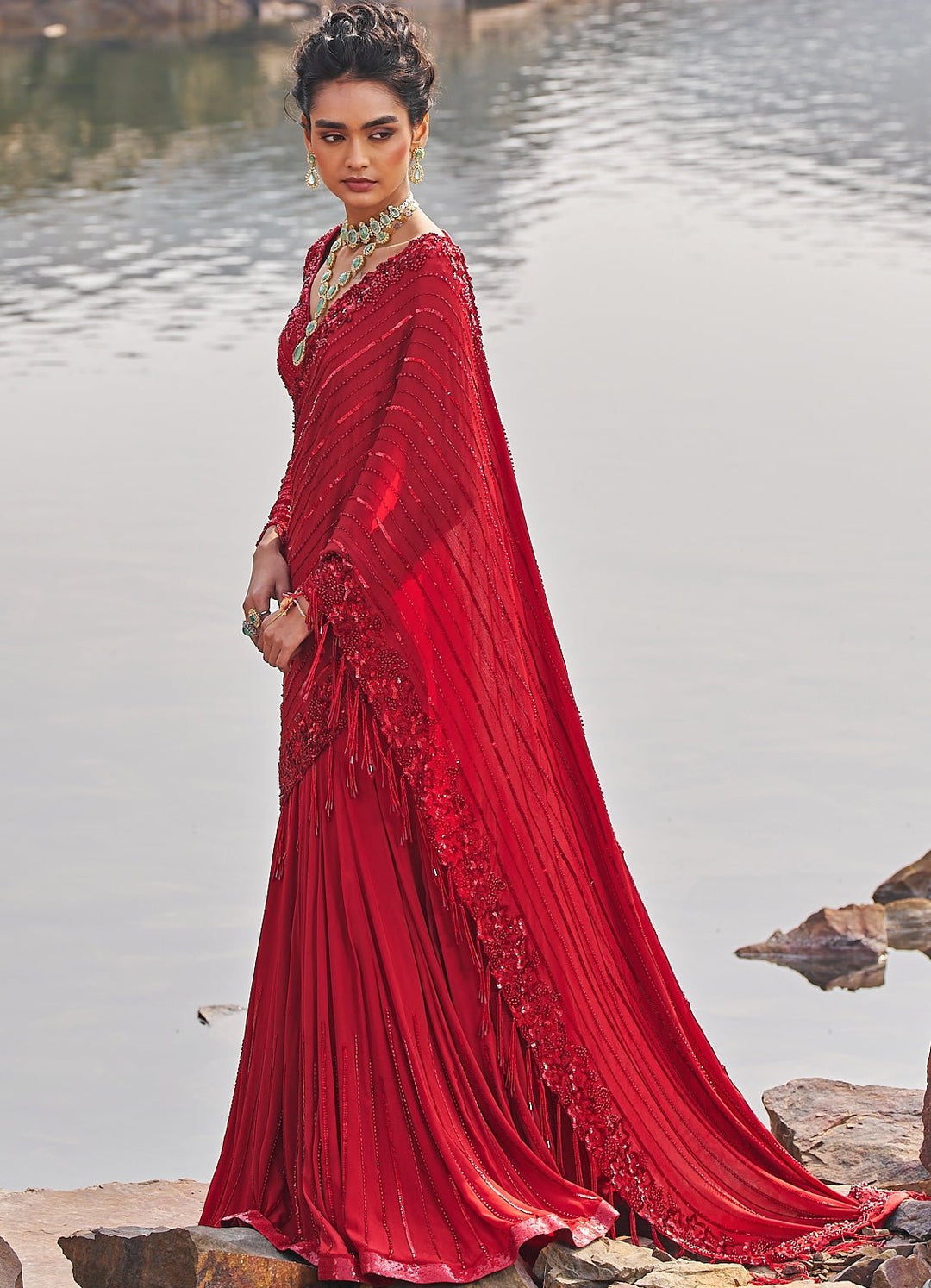 Red Fish Cut Predraped Saree Nidhika Shekhar - Fabilicious Fashion