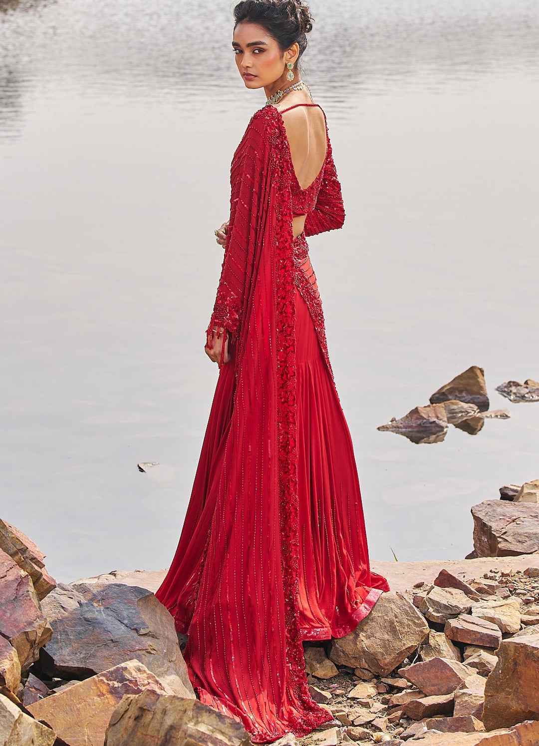 Red Fish Cut Predraped Saree Nidhika Shekhar - Fabilicious Fashion