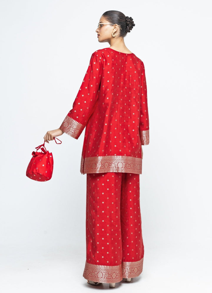Red Floral Butti Silk Kurta Pants Set Sobariko - Fabilicious Fashion