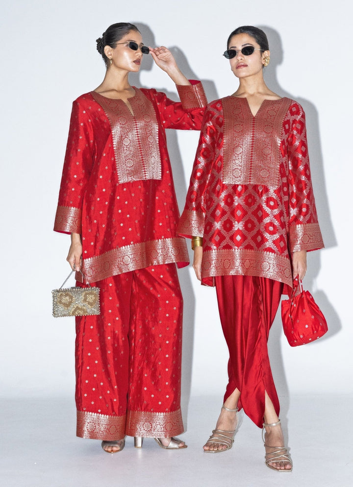 Red Floral Butti Silk Kurta Pants Set Sobariko - Fabilicious Fashion