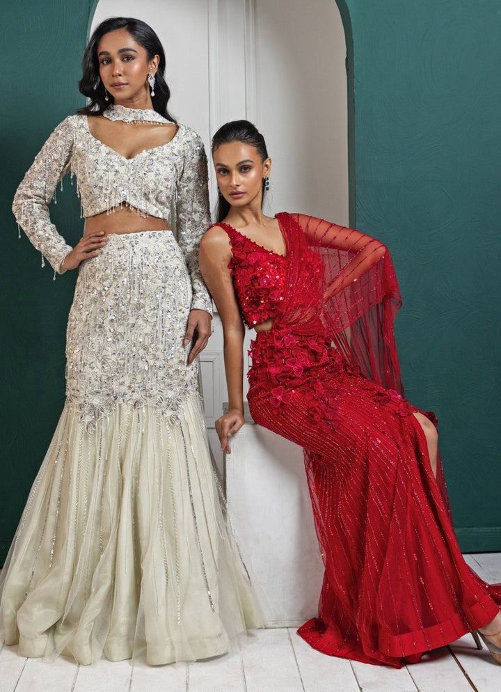 Red Floral Embroidered And Draped Net Saree Smriti - Fabilicious Fashion