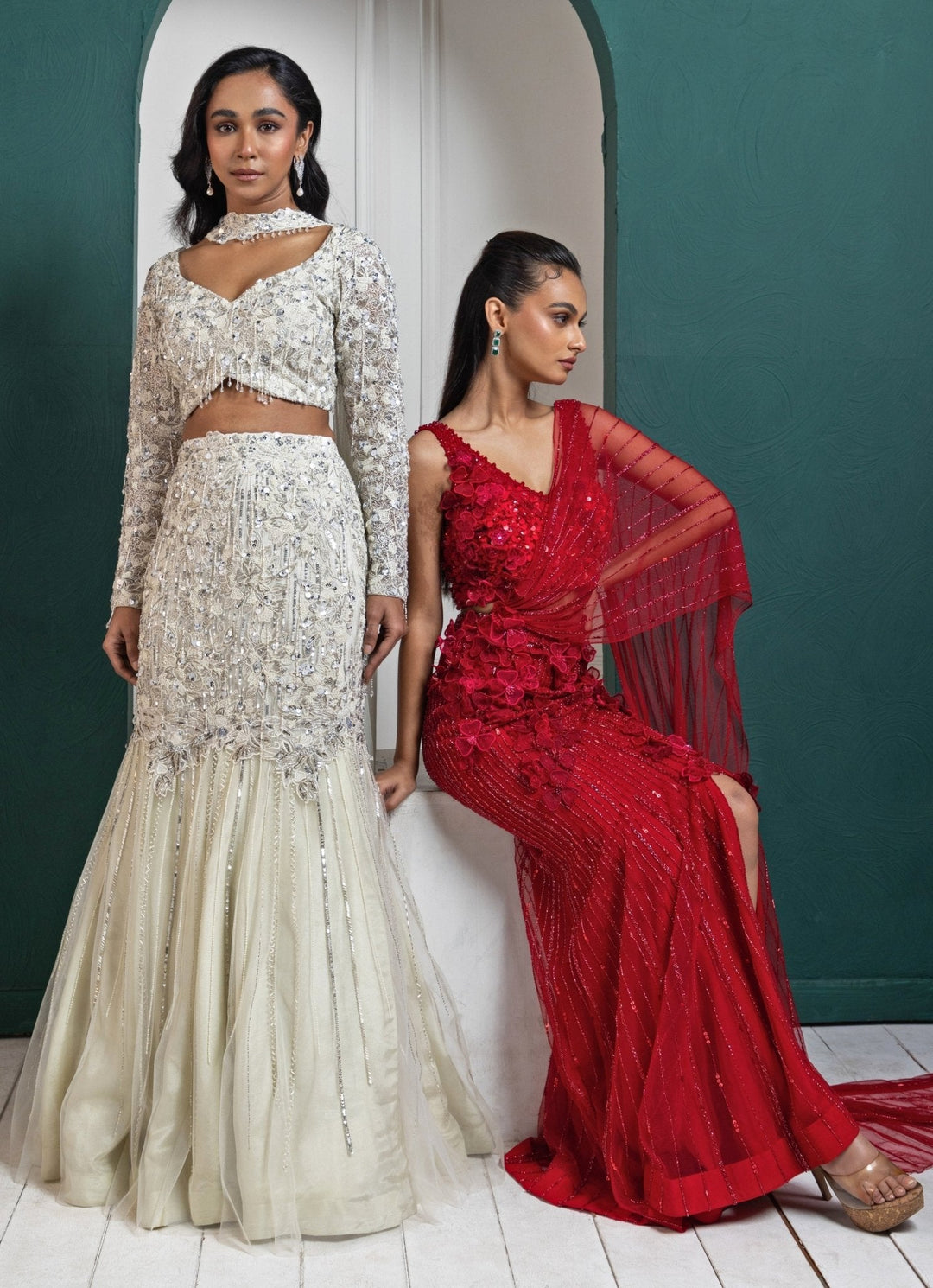 Red Floral Embroidered And Draped Net Saree Smriti - Fabilicious Fashion