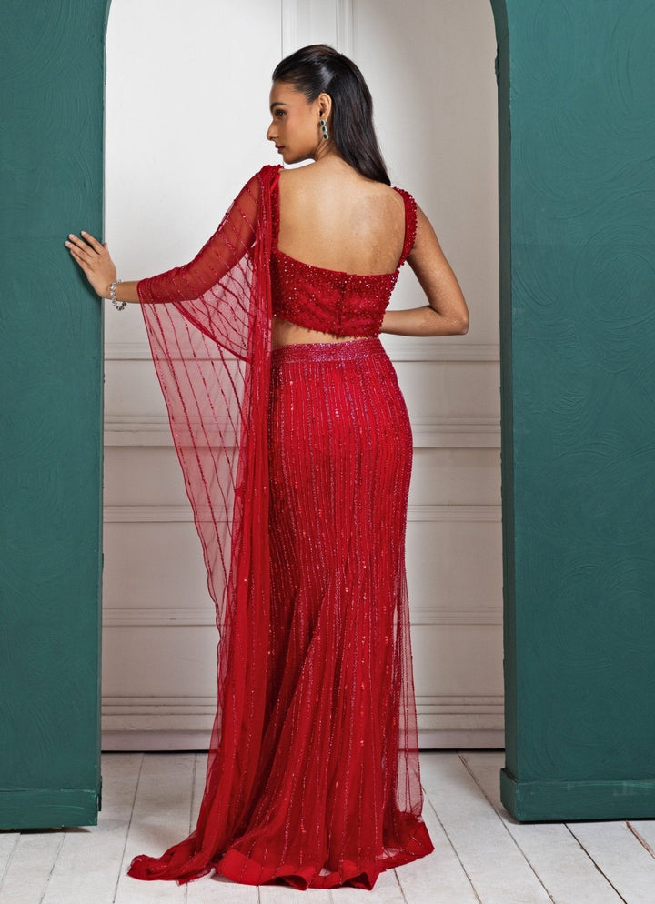 Red Floral Embroidered And Draped Net Saree Smriti - Fabilicious Fashion