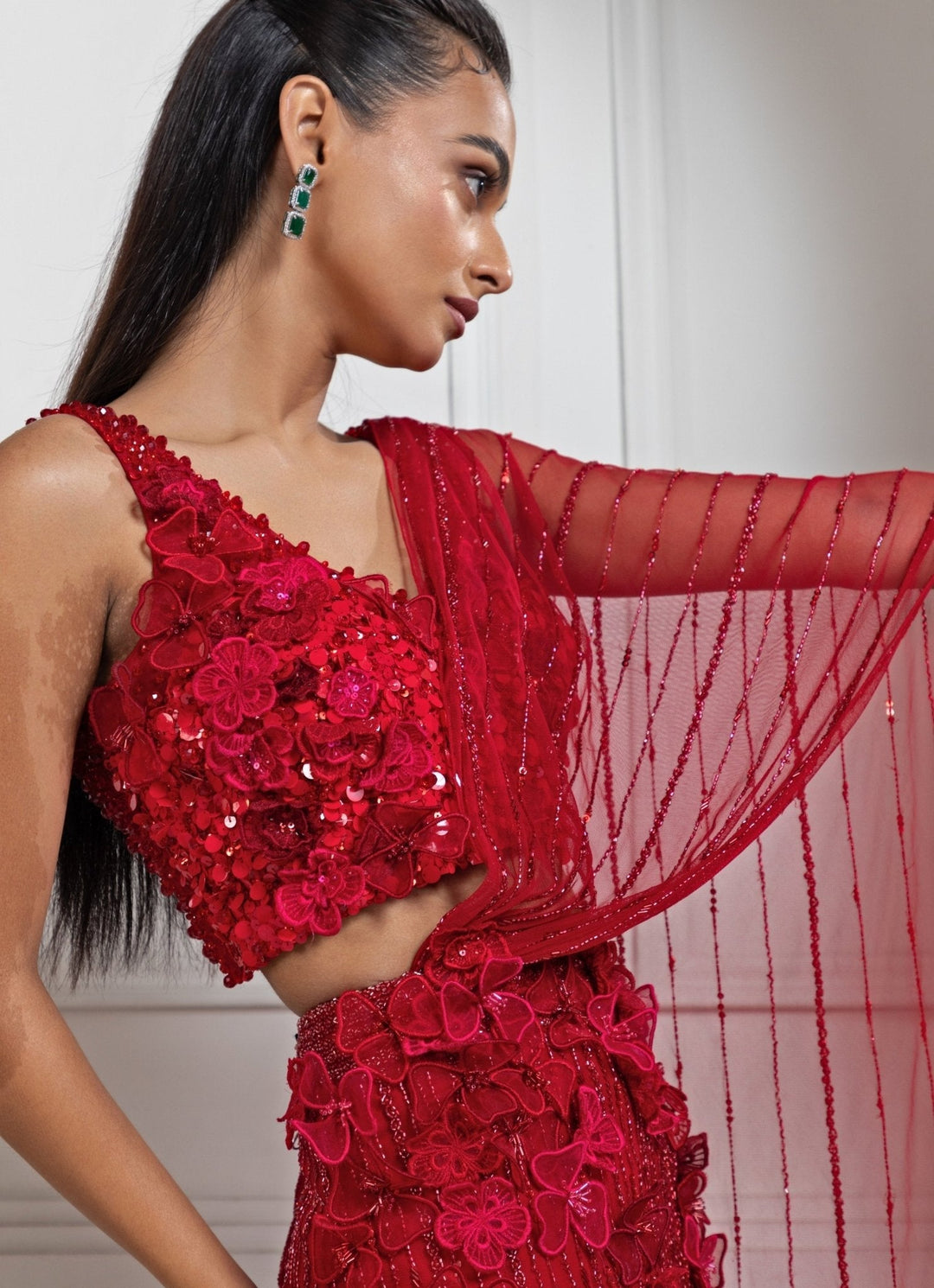 Red Floral Embroidered And Draped Net Saree Smriti - Fabilicious Fashion