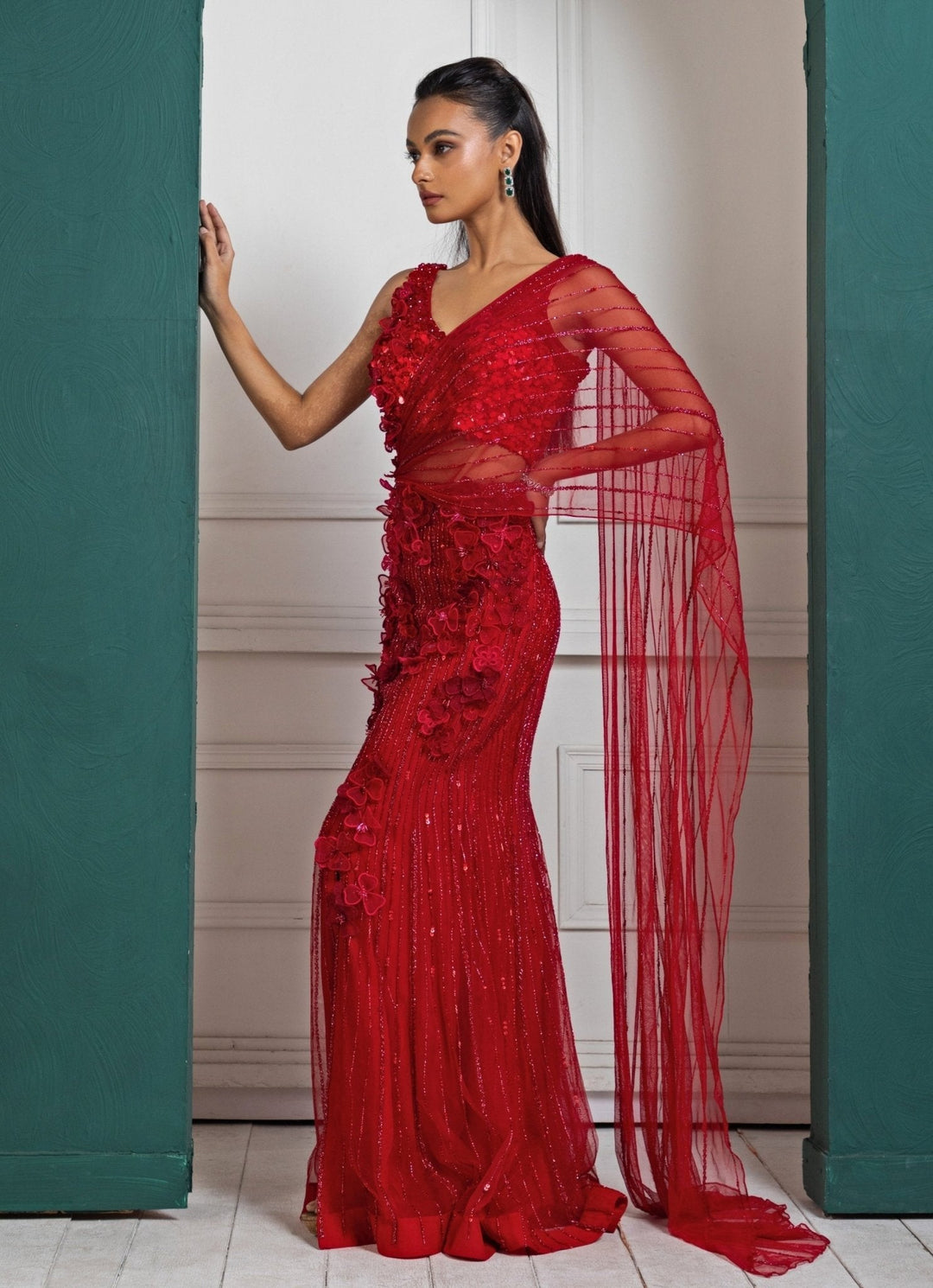 Red Floral Embroidered And Draped Net Saree Smriti - Fabilicious Fashion