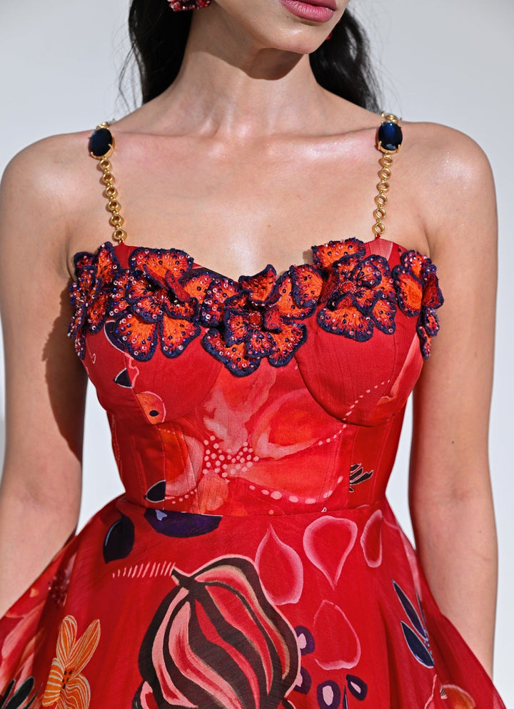 Red Floral Organza Corset Midi Dress Juhi Bengani - Fabilicious Fashion