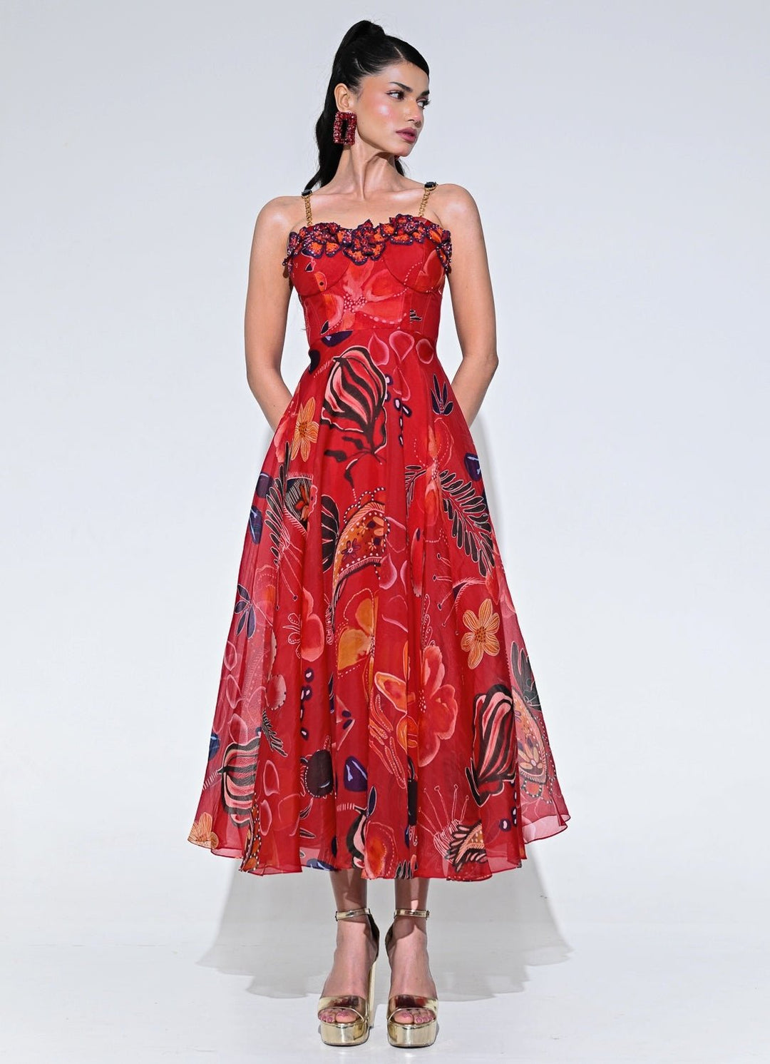 Red Floral Organza Corset Midi Dress