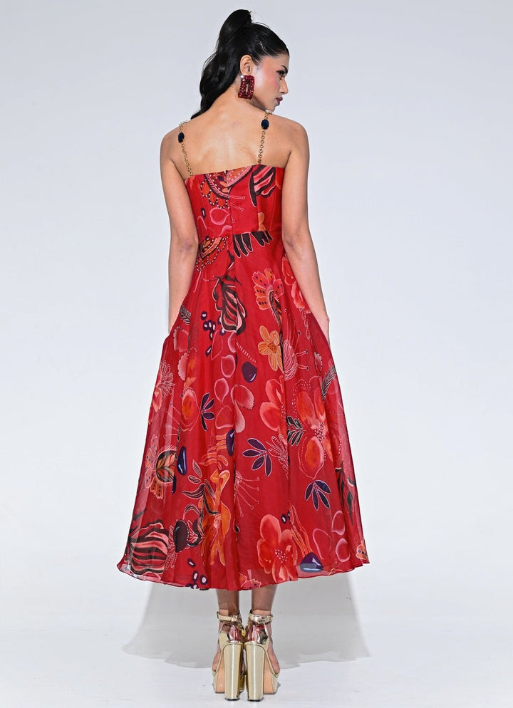 Red Floral Organza Corset Midi Dress Juhi Bengani - Fabilicious Fashion