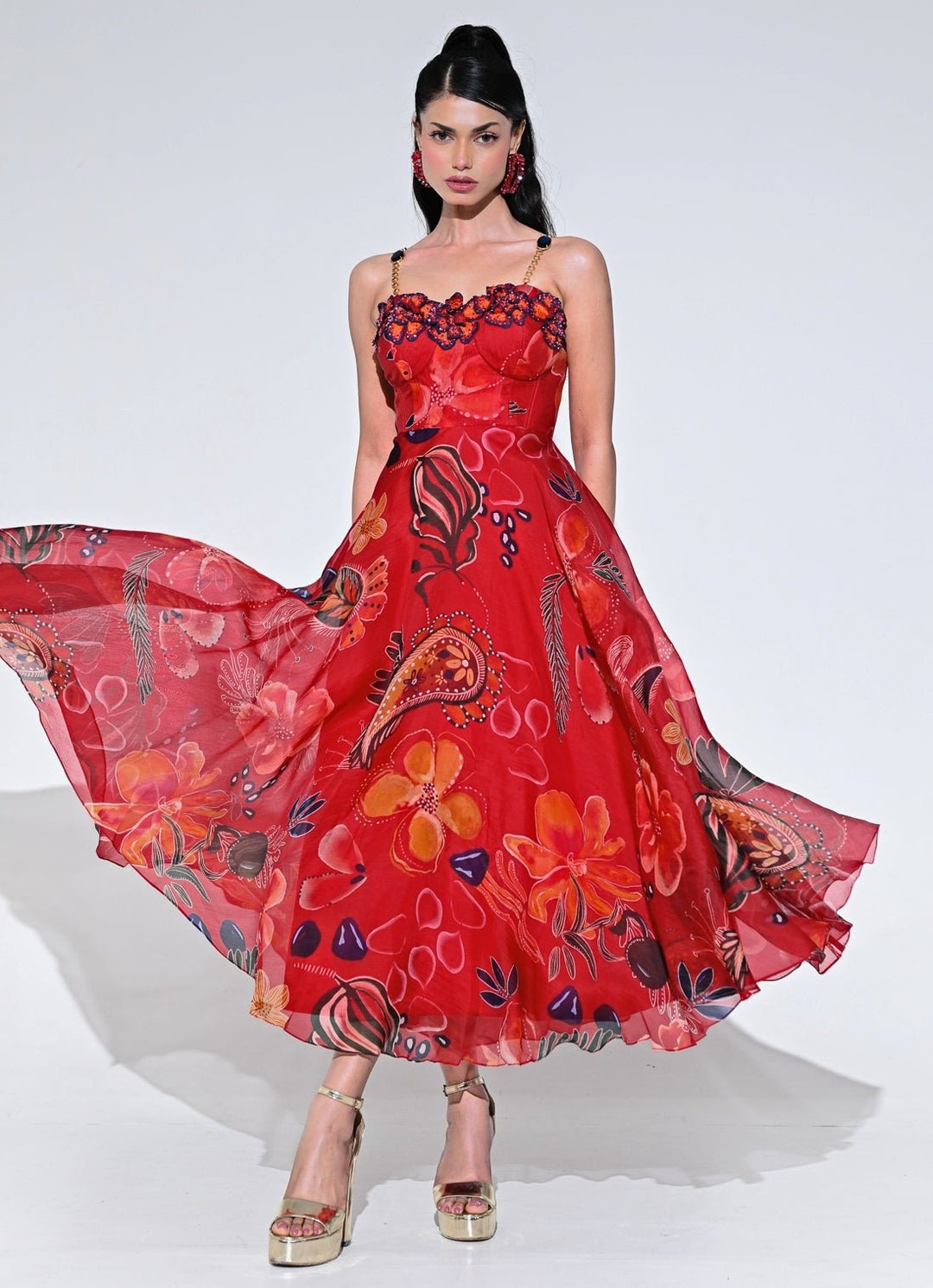 Red Floral Organza Corset Midi Dress Juhi Bengani - Fabilicious Fashion
